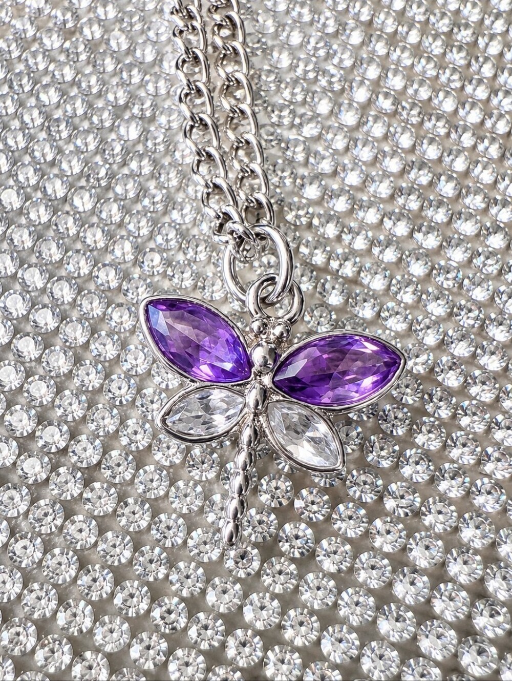 NWT Handmade Purple Crystal Dragonfly Necklace Silver Chain Charm Pendant Sz 21"